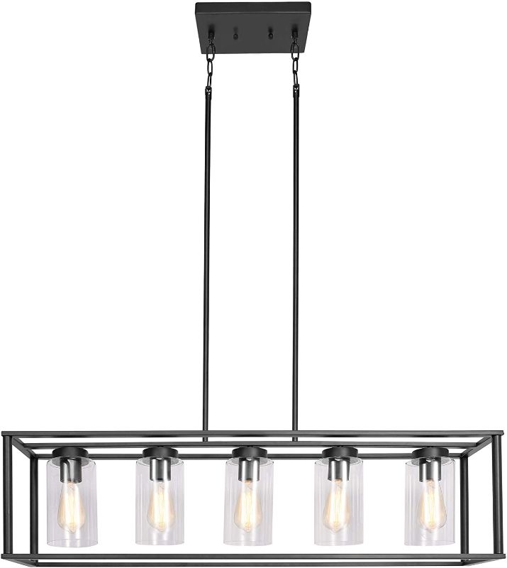 Photo 1 of FIMITECH Chandeliers Contemporary Rectangle 5-Light Dining Room Lighting, Adjustable Rods, Fixtures Hanging, Ceiling Light Kitchen Island Cage Pendant Lights with Glass Shade (Black)
3 OUT OF 5 GLASS BULBS BROKEN, PLEASE SEE PHOTOS 