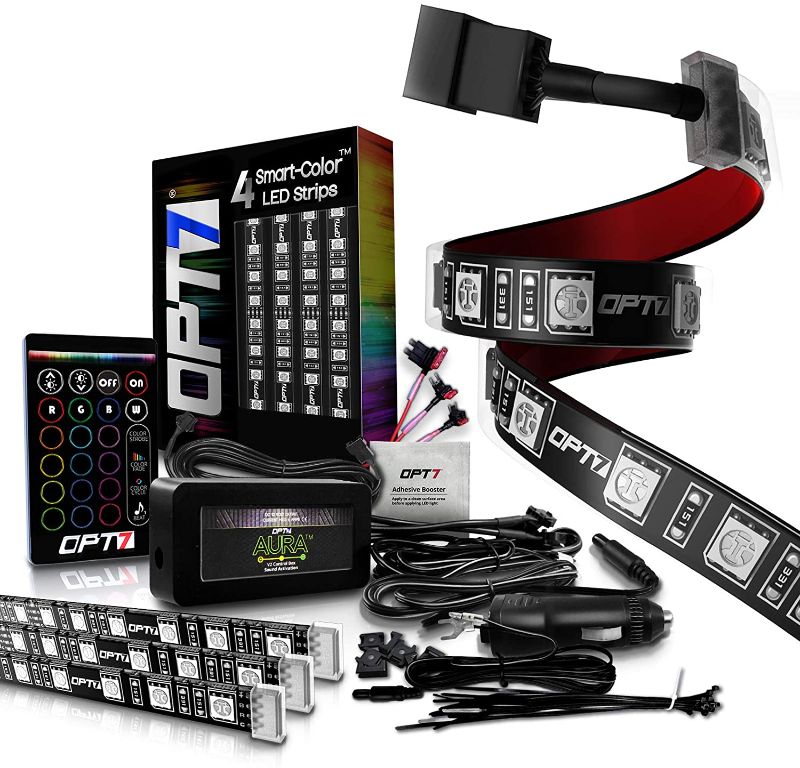 Photo 1 of OPT7 Aura Interior Car Lights LED Strip Kit-16+ Smart-Color, Soundsync, Door Assist, Show Patterns, and Remote-Accent Underdash Footwell Floor, 4pc Single Row
MISSING REMOTE  USED