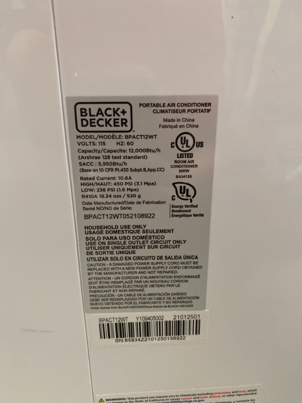 Photo 3 of BLACK+DECKER Portable Air Conditioner with Remote Control, 12,000 BTU, Cools Up to 300 Square Feet, White, BPACT12WT AS IS USED, MINOR DAMAGE, PLEASE SEE PHOTOS, DIFFICULTY MOVING, UNABLE TO TEST 
