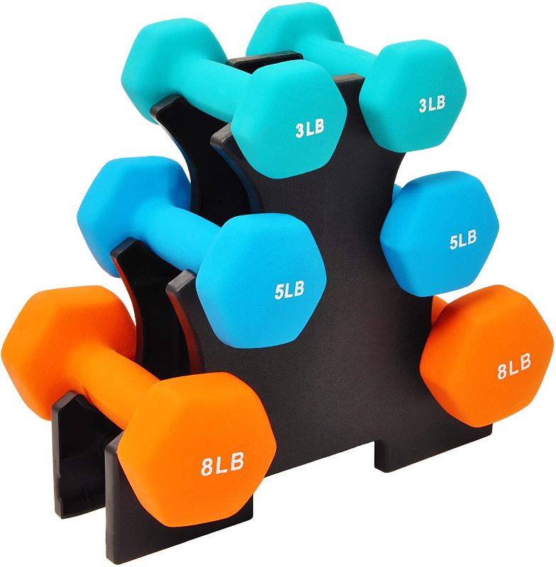 Photo 1 of BalanceFrom Colored Neoprene Coated Dumbbell Set with Stand INCOMPLETE 