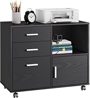 Photo 1 of Allon 3 Drawer Wooden File Cabinet, Mobile Lateral File Cabinet with Rollers for Letter Size or A4 Hanging Folders, Printer Stand with Open Storage Cabinet for Home Office, Black
