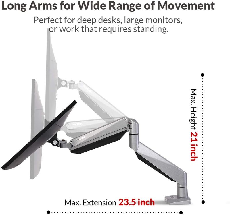 Photo 1 of Loctek Monitor Mount Heavy Duty Gas Spring Swing Monitor Arm Desk Mount Stand Fit 10-34 inches Monitor 13.2-33 lbs Weight Capacity
