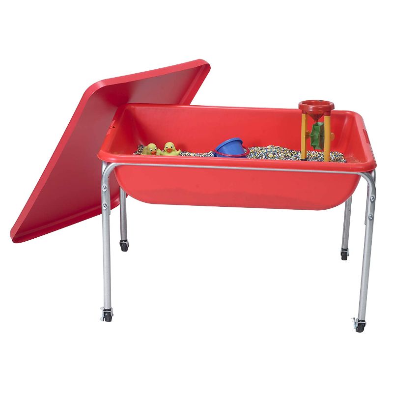 Photo 3 of Children's Factory 24" Large Sensory Table & Lid Set, Preschool/Homeschool/Playroom, Indoor/Outdoor Play Equipment, Toddler Sand & Water Activity, Red
