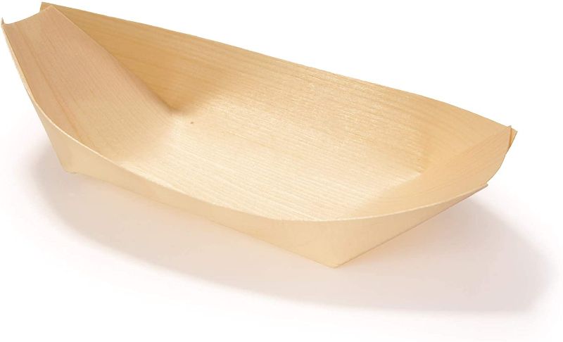 Photo 1 of BambooMN Brand - Disposable Wood Boat Plates / Dishes, 6.7" Long x 3.5" Wide x 1" High, 100 Pieces
