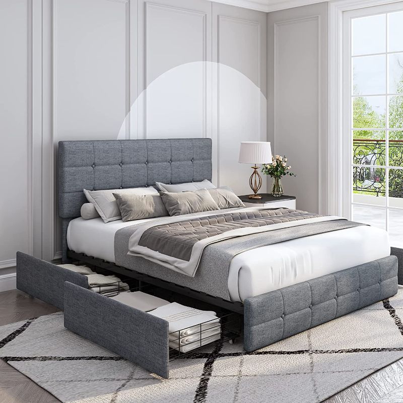 Photo 1 of ***BOX ONE OF TWO***Furchen Upholstered Platform Bed Frame with 4 Storage Drawers, Adjustable High Headboard with Button Tufted Design, Wooden Slat Support, No Box Spring Needed, Easy Assembly, Queen Size, Grey
