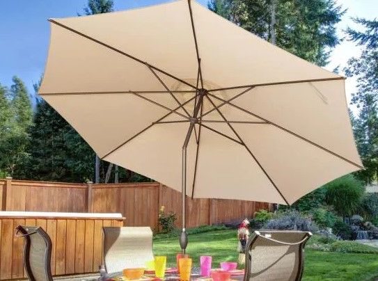 Photo 1 of 9 ft. Market Patio Umbrella with Push Tilt and Crank in Beige
