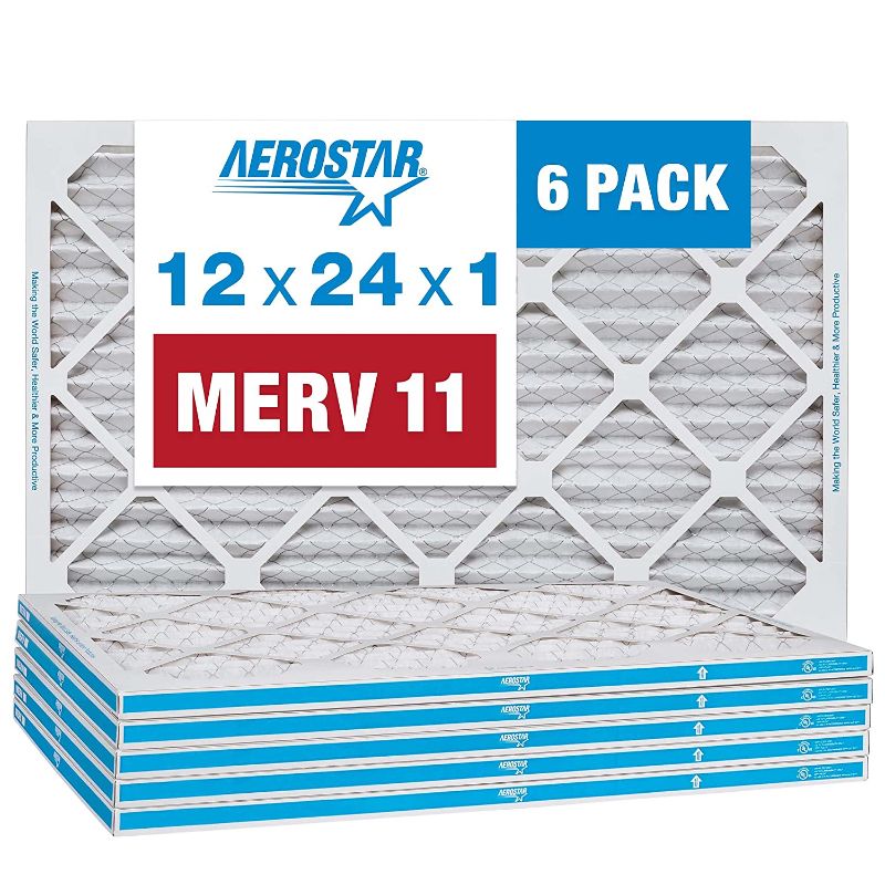 Photo 1 of Aerostar 12x24x1 MERV 11 Pleated Air Filter, AC Furnace Air Filter, 6 Pack (Actual Size: 11 3/4" x 23 3/4" x 3/4")
