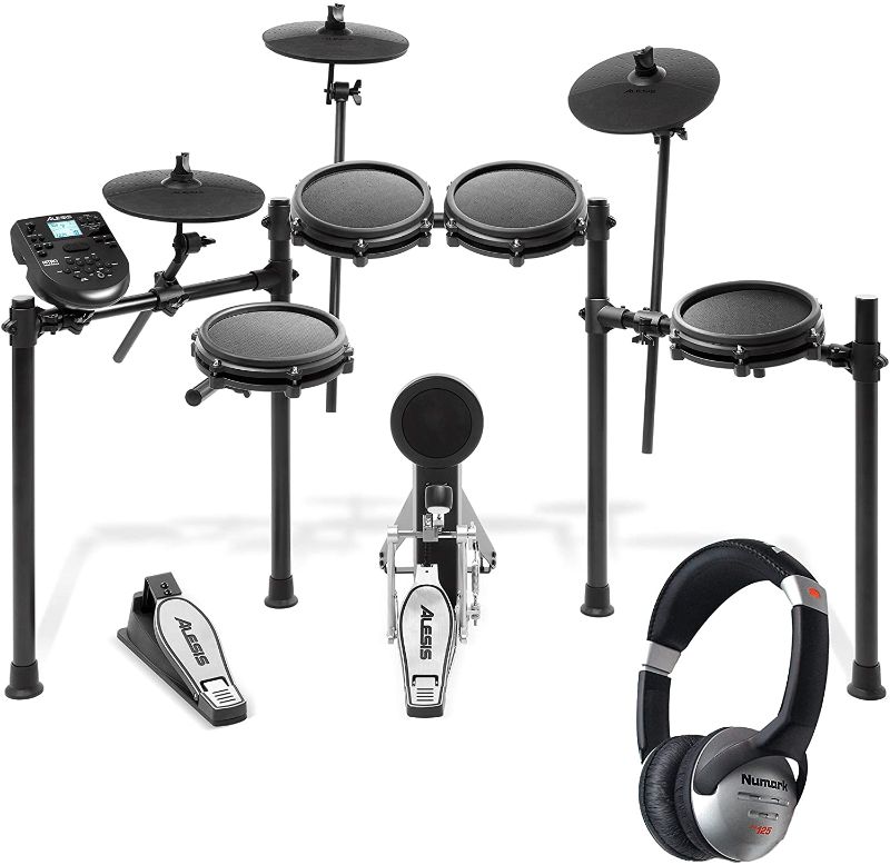 Photo 1 of Alesis Nitro Mesh Kit – Eight Piece Mesh Electronic Drum Set With 385 Sounds + Numark HF125 – Portable Headphones With Closed Back Design for Superior Isolation
