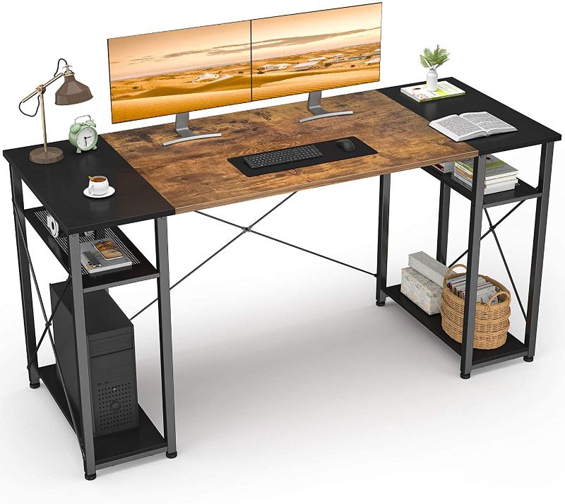 Photo 1 of Foxemart Computer Desk with Storage Shelves, 55" Sturdy Office Desk with CPU Stand, Industrial Desk Study Writing Table for Home Office, Vintage Rustic Brown and Black
