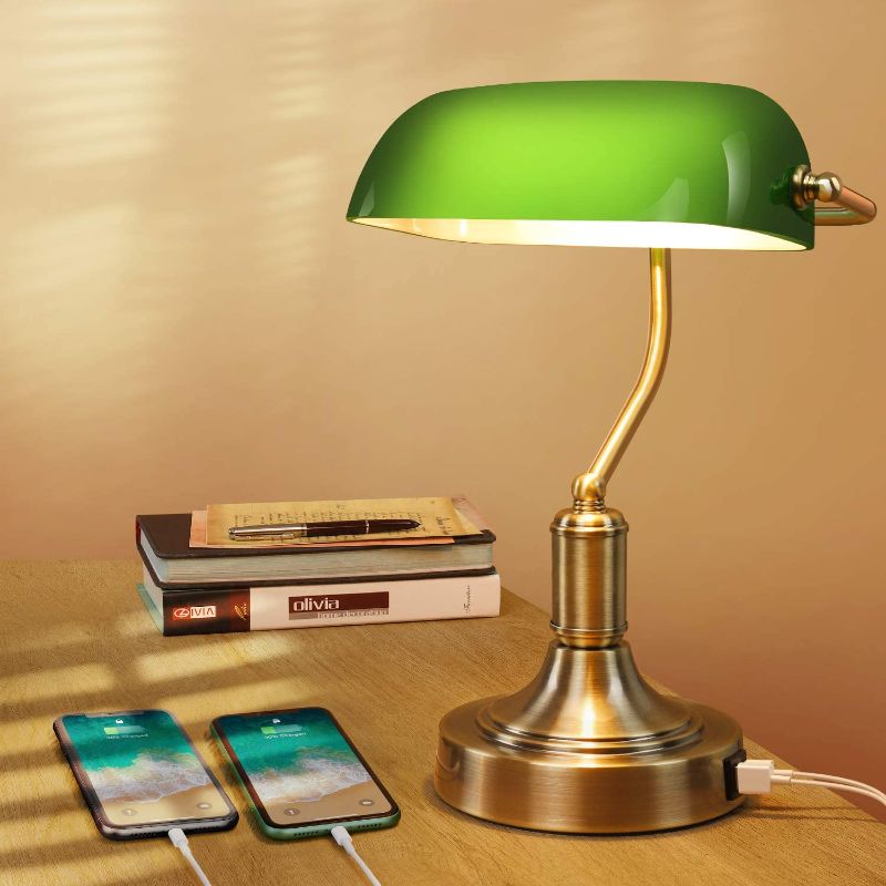 Photo 1 of Green Glass Banker’s Lamp with 2 Fast USB Charging Ports, 3 Way Dimmable Desk Lamp, Touch Control Vintage Table Lamp for Workplaces, Library, Bedroom, Piano Style Lamp
