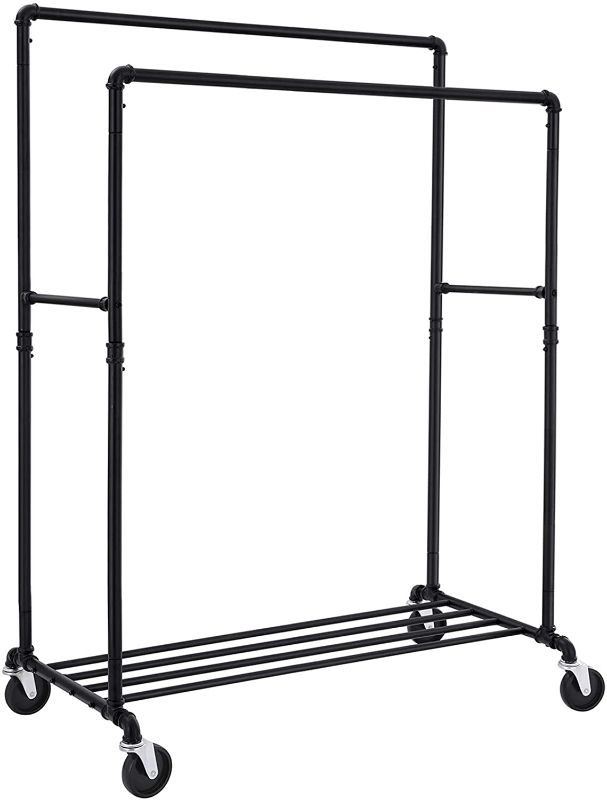 Photo 1 of **SLIGHTLY DIFFERENT FROM THE STOCK PHOTO**
Heavy Duty Clothes Rack, Industrial Pipe Clothing Rack with Shelf, Commercial Grade, for Hanging Clothes, Storage Display, Black, No wheels included
