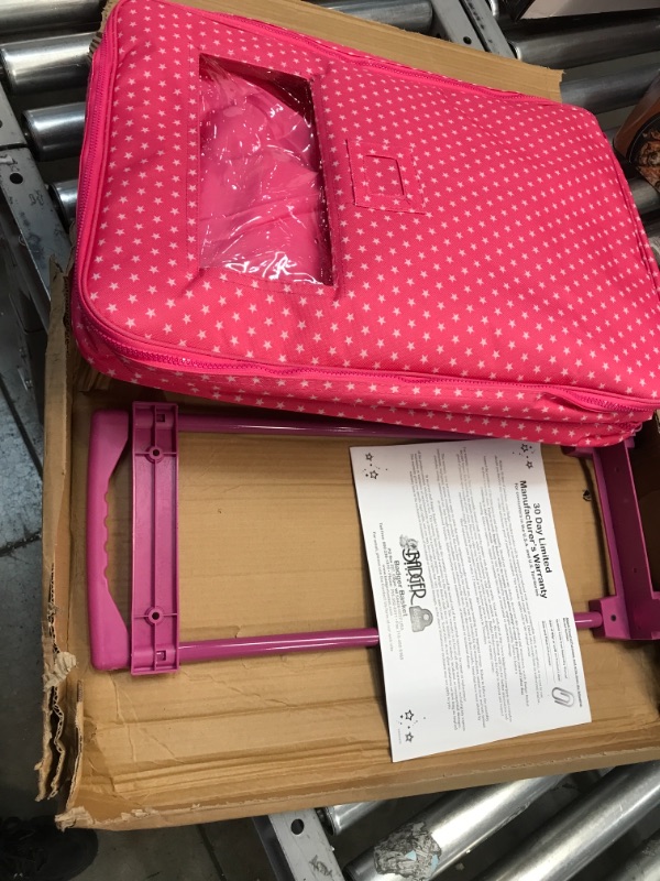 Photo 2 of Badger Basket Double Trolley Doll Carrier with Two Sleeping Bags and Pillows (fits American Girl Dolls), Pink/White (14965)