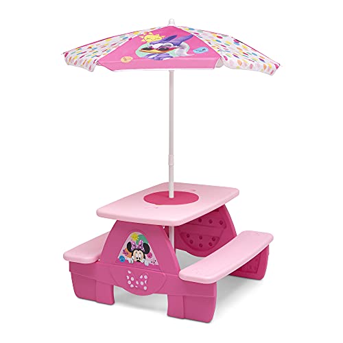 Photo 1 of Delta Children 4 Seat Activity Picnic Table with Umbrella and Lego Compatible Tabletop, Minnie Mouse