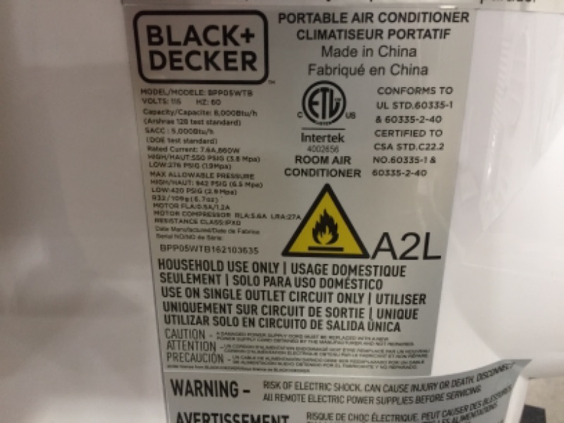 Photo 5 of BLACK+DECKER BPP05WTB Portable Air Conditioner with Remote Control, 5,000 BTU SACC/CEC (8,000 BTU ASHRAE), White
