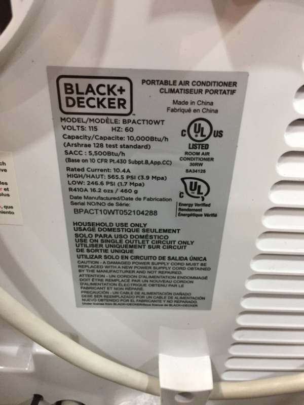 Photo 2 of BLACK+DECKER BPACT14WT Portable Air Conditioner with Remote Control, 7,700 BTU DOE (14,000 BTU ASHRAE), Cools Up to 350 Square Feet, White (PARTS ONLY)
