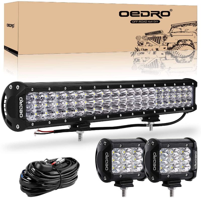 Photo 1 of oEdRo LED Light Bar 300W 20Inch Tri-Rows LED Light Pod Spot Flood Combo Light + 2pcs 4 Inch 27W Tri-Row Light Pod + Driving Lights w/Wiring Harness Fit for Off Road Lights Led Fog Light Truck Boat
