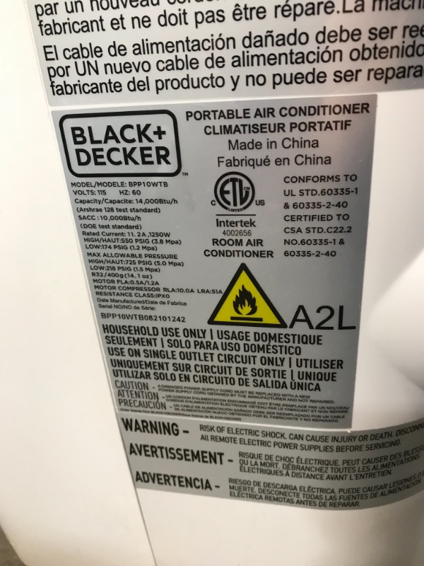 Photo 3 of Parts only
BLACK+DECKER BPP10WTB Portable Air Conditioner with Remote Control, 10,000 BTU SACC/CEC (14,000 BTU ASHRAE), does not get cold
