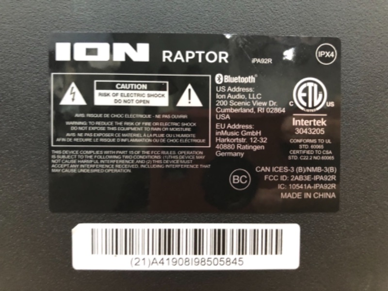 Photo 4 of ION Audio Raptor | Ultra-Portable 100-Watt Wireless Water-Resistant Speaker with 75-Hour Rechargeable Battery, Bluetooth Streaming, AM/FM Radio and Multi-Color Light Bar
