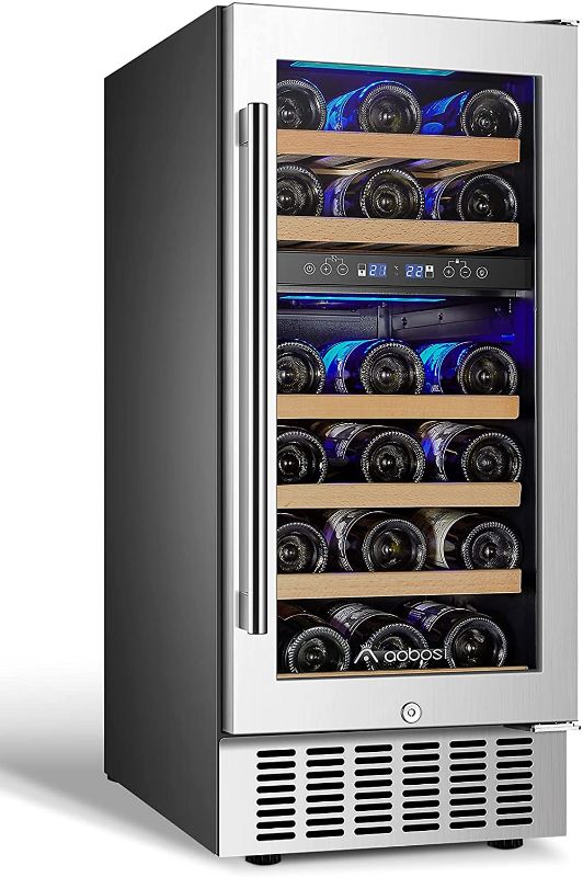 Photo 1 of ?Upgraded?AAOBOSI 15 Inch Wine Cooler, 28 Bottle Dual Zone Wine Refrigerator with Stainless Steel Tempered Glass Door, Temp Memory Function, Fit Champagne Bottles, Freestanding and Built-in Style
