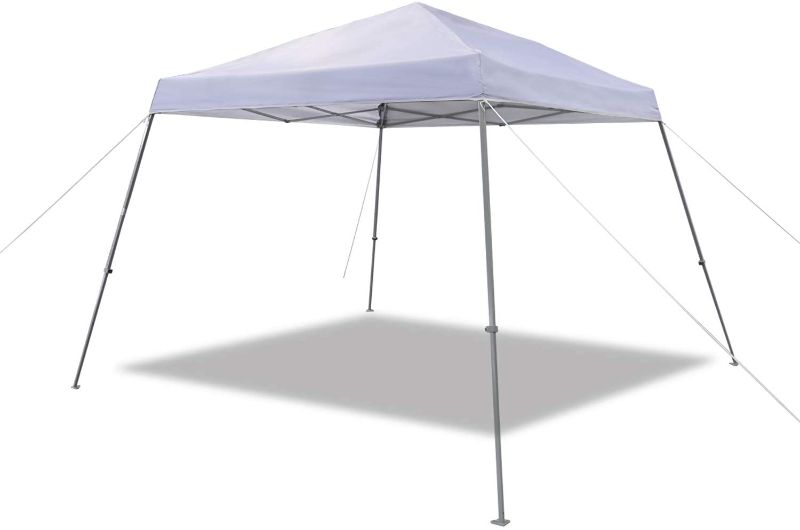 Photo 1 of Amazon Basics Outdoor Pop Up Canopy, 9ft x 9ft Top Slant Leg with Wheeled Carry, white
