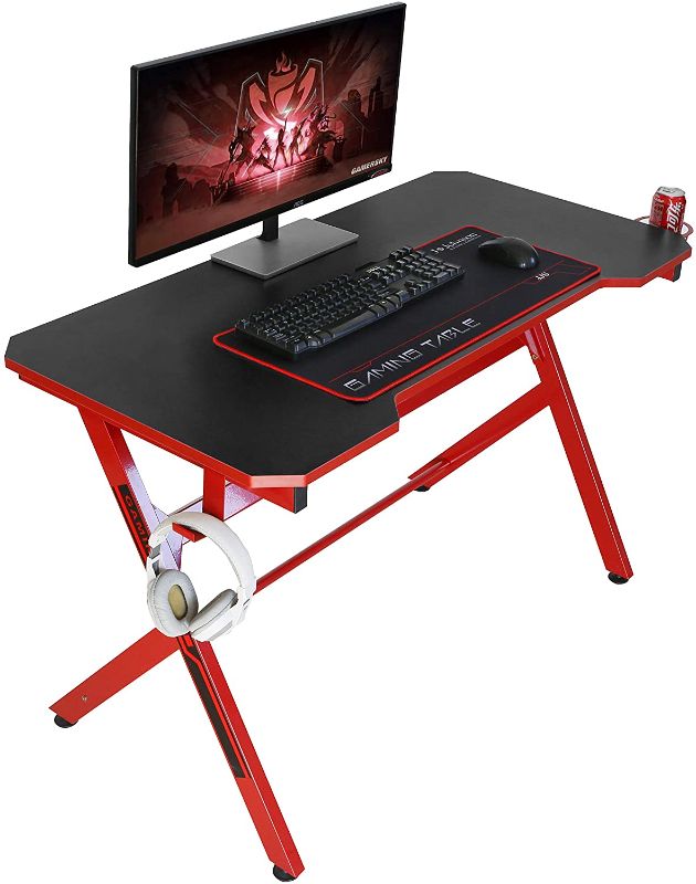 Photo 1 of JJS 48" Home Office Gaming Computer Desk with Cable Management, R Shaped Large Gamer Workstation PC Table with Cup Holder Headphone Hook Mouse Pad, Bl