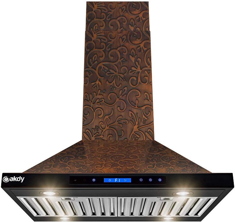 Photo 1 of 30 in. Convertible Island Mount in Embossed Copper Vine Design Kitchen Range Hood with Lights