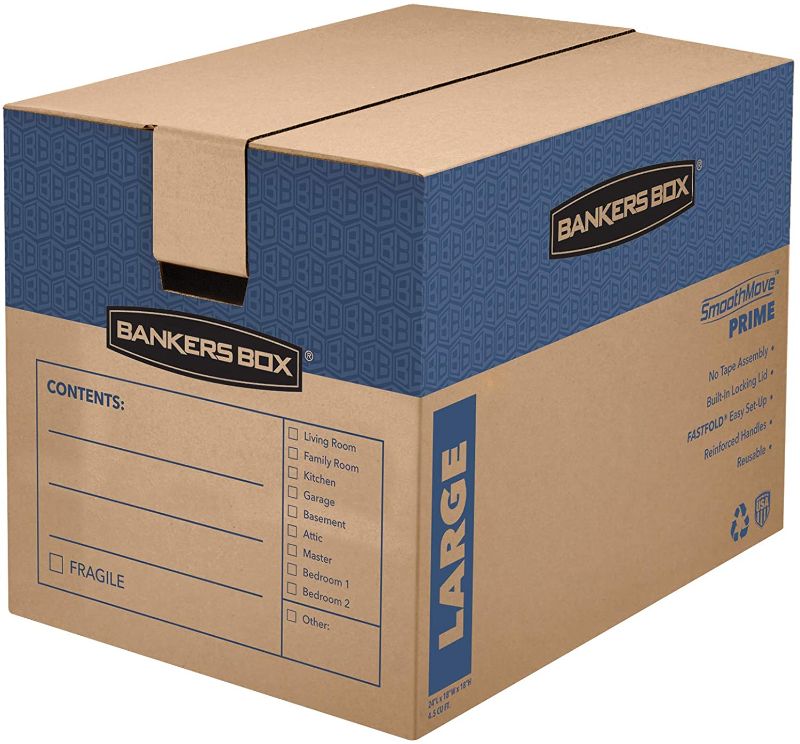 Photo 1 of Bankers Box SmoothMove Prime Moving Boxes, Tape-Free, FastFold Easy Assembly, Handles, Reusable, Large, 24 x 18 x 18 Inches
