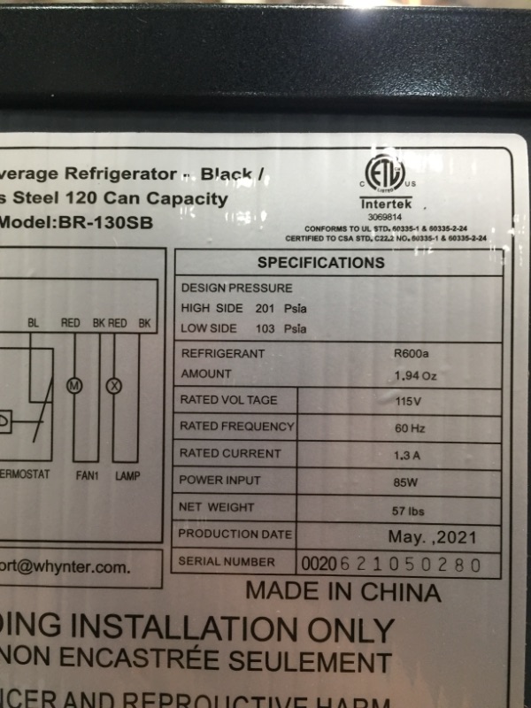 Photo 4 of PARTS ONLY
Whynter BR-130SB Beverage Refrigerator with Internal Fan, Black/Stainless Steel
