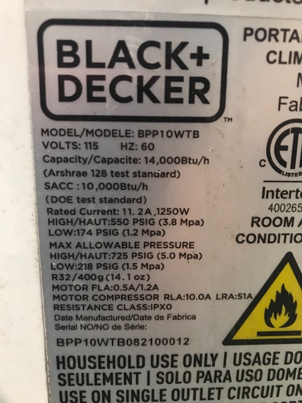 Photo 4 of BLACK+DECKER BPP10WTB Portable Air Conditioner with Remote Control, 10,000 BTU SACC/CEC (14,000 BTU ASHRAE), Cools Up to 450 Square Feet, White **DRAIN CONNECTOR IS DAMAGE** PARTS ONLY**
