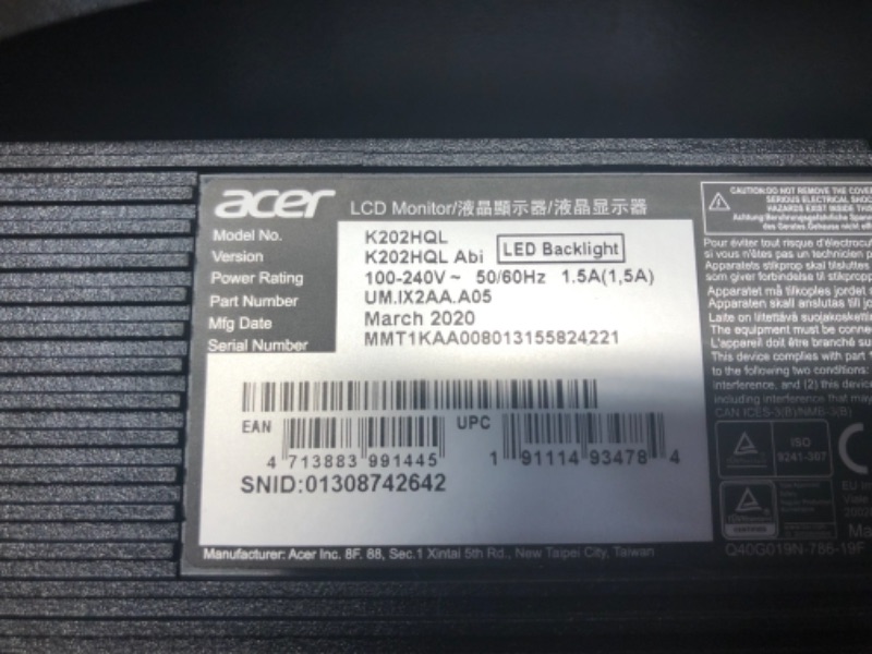 Photo 1 of Acer K202HQL Abi 19.5" HD Monitor (HDMI & VGA port), Black, 19.5 Inch
