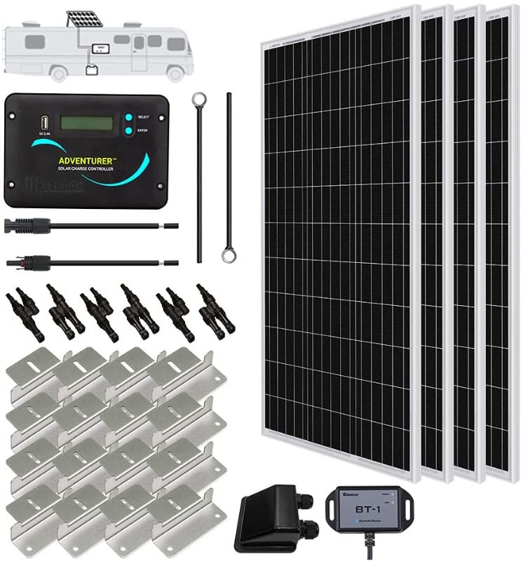 Photo 1 of Renogy 400 Watts 12 Volts Monocrystalline Solar RV Kit Off-Grid Kit with Adventurer 30A PWM LCD Charge Controller+ Mounting Brackets+ Male and Female Connectors+Solar Cables+Cable Entry housing
