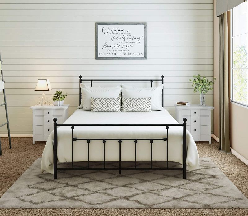 Photo 1 of  Victorian Queen Metal Bed Frame with Headboard and Footboard Platform/Wrought Iron/Heavy Duty/Solid Sturdy Metal Slat/Dark Black/No Box Spring Needed/Mattress Foundation/Under Bed Storage