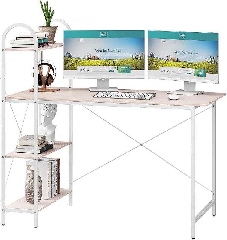 Photo 1 of HOME BI Computer Desk with Storage Shelves 47 inch, Reversible Study Writing Table with Adjustable Bookshelf, Home Office Wood PC Work-Station, Modern Simple Style, Metal Frame, Easy Assemble, White
