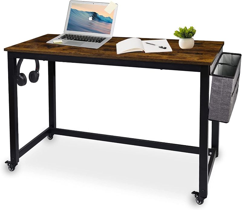 Photo 1 of AHB 47" Rolling Computer Desk with 4 Smooth Wheels and 3 Iron Hooks, Simple Style Mobile Writing Desk Home Office Study Table Movable Workstation with Metal Frame
