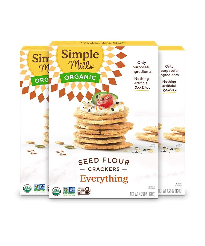 Photo 1 of 12 BOXES OF Simple Mills Almond Flour Crackers, Rosemary & Sea Salt, Gluten Free, Flax Seed, Sunflower Seeds, Corn Free, Low-Calorie Snacks, Nutrient Dense, 4.25oz (EXPIRED SEP 13 2021) AND 3 BOXES OF Simple Mills Organic Seed Crackers, Everything, Gluten