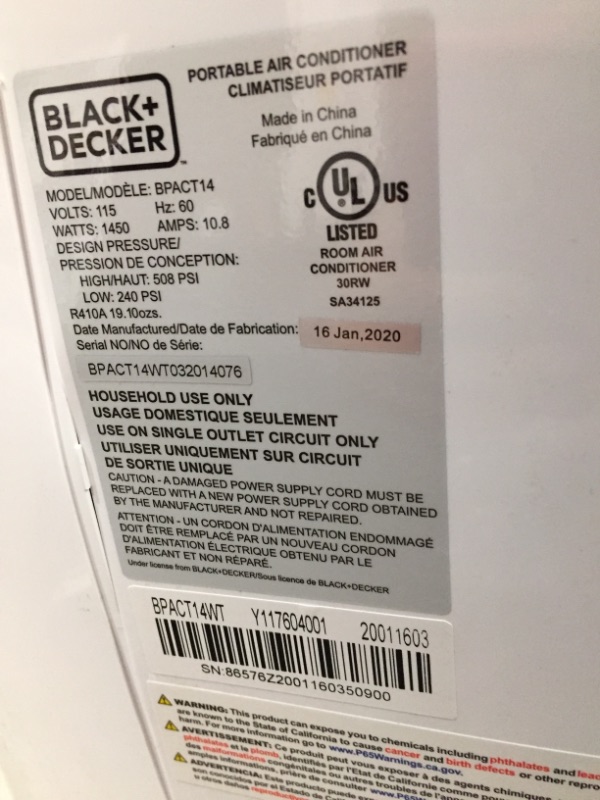 Photo 4 of BLACK+DECKER 8,000 BTU DOE (14,000 BTU ASHRAE) Portable Air Conditioner with Remote Control, White