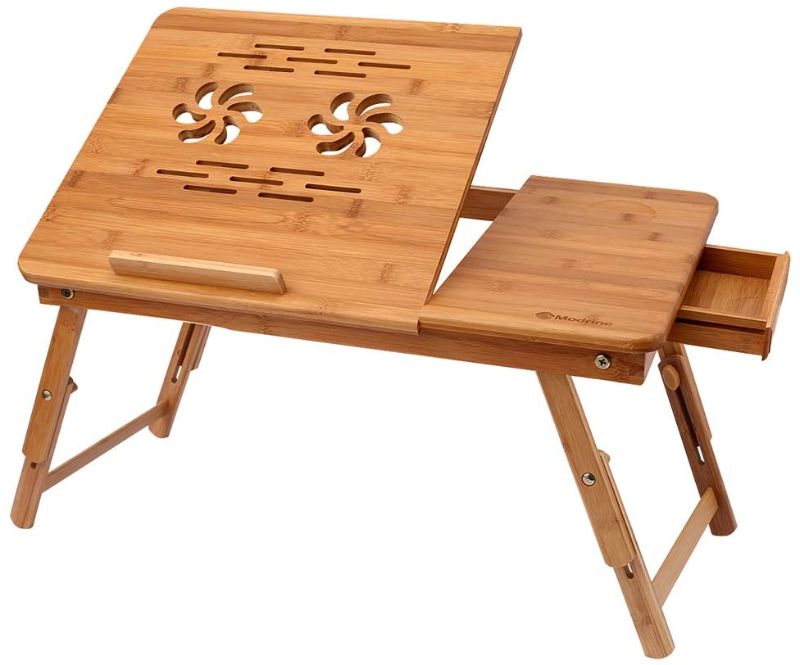 Photo 1 of 
Bamboo Laptop Desk, Adjustable Portable Breakfast Serving Bed Tray with Tilting Top Drawer for Surfing Reading Writing Eating (Bamboo)