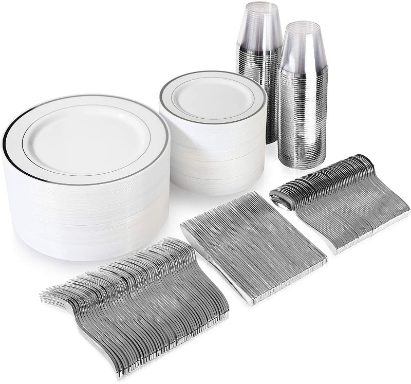 Photo 1 of 600 Piece Silver Dinnerware Set – 200 White and Silver Plastic Plates – Set of 300 Silver Plastic Silverware – 100 Silver Plastic Cups – Silver Dinnerware Set for Party or Wedding up to 100 Guests
