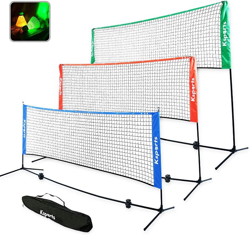 Photo 1 of Ksports Portable Badminton Net Set?One Green 10ft Net for Pickleball, Tennis, Soccer Tennis, Kids Volleyball?4 LED Shuttlecocks?One Carry Bag?Easy Setup Nylon Net with Poles for Indoors & Outdoors
