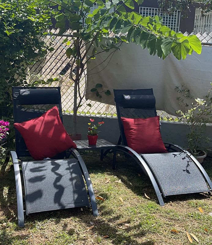 Photo 1 of PURPLE LEAF Patio Chaise Lounge Sets 3 Pieces Outdoor Lounge Chair Sunbathing Chair with Headrest and Table for All Weather