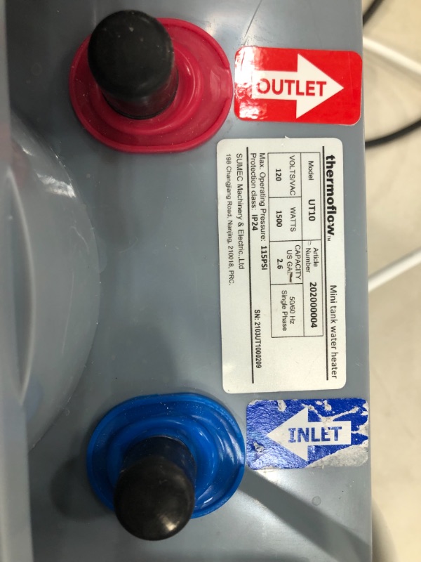 Photo 3 of Thermoflow UT10 2.5 Gallons 110~120V Corded Electric Mini Tank Water Heater for Under Sinks 110V ~ 120V, 1.5kW Point of Use
