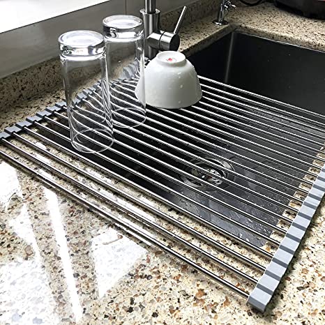 Photo 1 of 17.7" x 15.5" Large Dish Drying Rack, Attom Tech Home Roll Up Dish Racks Multipurpose Foldable Stainless Steel Over Sink Kitchen Drainer Rack for Cups Fruits Vegetables
