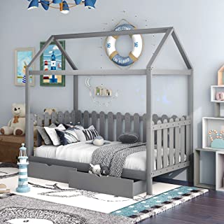 Photo 1 of ** BOX 1 ONLY ** Merax Twin Size Wooden House, Bed Frame with Fence-Shaped Guardrail for Kids, Teens, Girls, Boys, Drawers