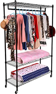 Photo 1 of Homdox 3-Tiers Large Size Heavy Duty Wire Shelving Garment Rolling Rack Clothing Rack with Double Clothes Shelves and Lockable Wheels+1 Pair Side Hooks,Black
