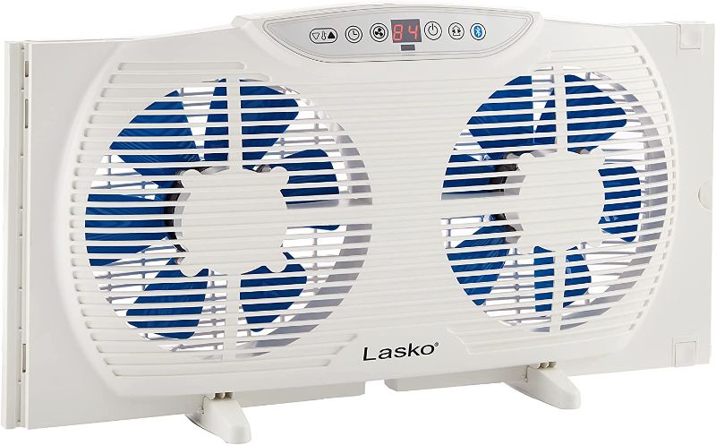 Photo 1 of Lasko W09560 Bluetooth Enabled Twin 9-Inch Window Fan with Independent Electrically Reversible Intake & Exhaust Motors with Thermostat and Timer for Bedroom Indoor Home Use, 9 Inches, White
