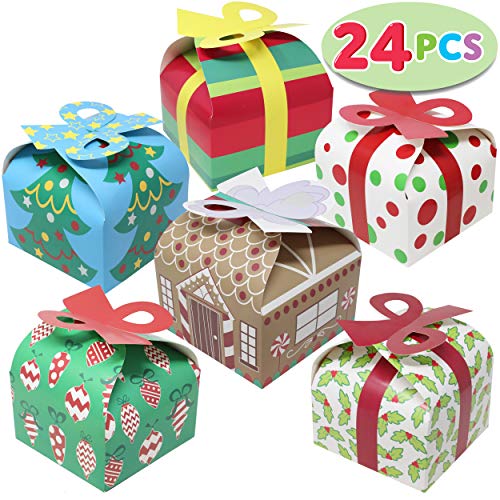 Photo 1 of 24 Pieces 3D Christmas Goody Gift Boxes with Bow for Holiday Xmas Goodie Paper Boxes, School Classroom Party Favor Supplies, Candy Treat Cardboard Cookie Boxes.
