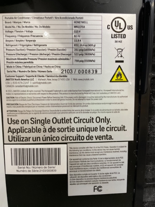 Photo 3 of Honeywell Classic Portable Air Conditioner with Dehumidifier & Fan Cools Rooms Up To 500 Sq. Ft. w Drain Pan & Insulation Tape, (Black/Silver) MN1CFS8, 29.400
