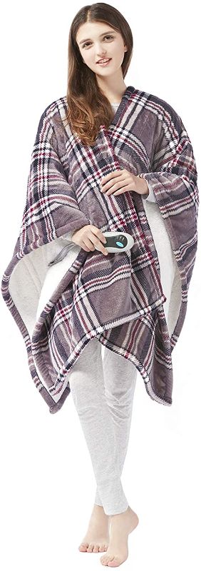 Photo 1 of Beautyrest Ultra Soft Sherpa Berber Fleece Electric Poncho Wrap Blanket Heated Throw with Auto Shutoff, 50" W x 64" L, Grey Plaid
