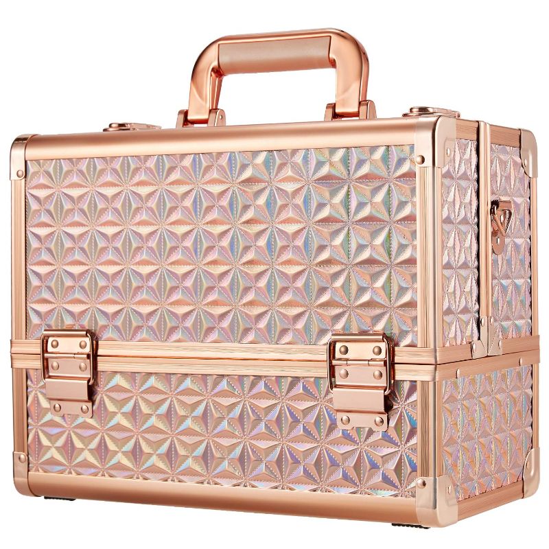 Photo 1 of Frenessa Makeup Train Case 12 inch Large Portable Cosmetic Case - 6 Tier Trays Gold Lining Professional Makeup Storage Organizer Box Make Up Carrier with Lockable Keys for Women - Shiny Rose Gold
