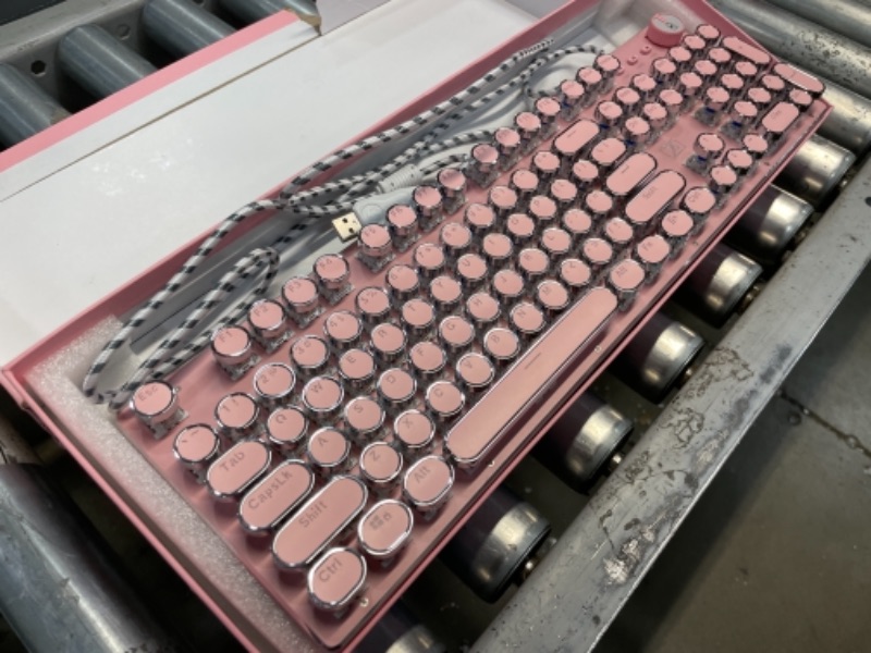 Photo 2 of Wired Pink Retro Typewriter Mechanical Gaming Keyboard with Pure White Backlight, 108 Keys Retro Steampunk Vintage Keyboard with Blue Switches, Metal Panel Round Keycaps (Pink)
